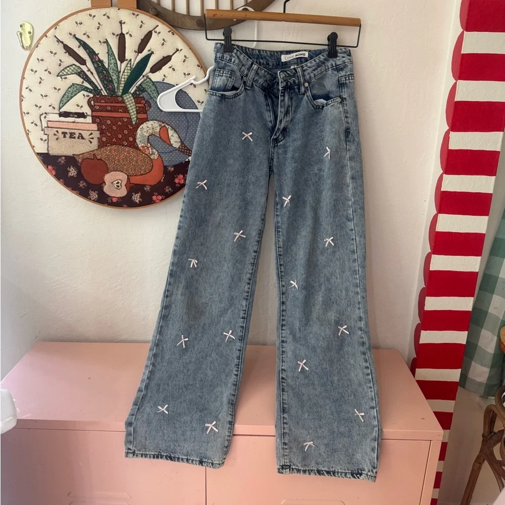Love Soho size 0 wide leg pink bow denim jeans - Picture 2 of 7